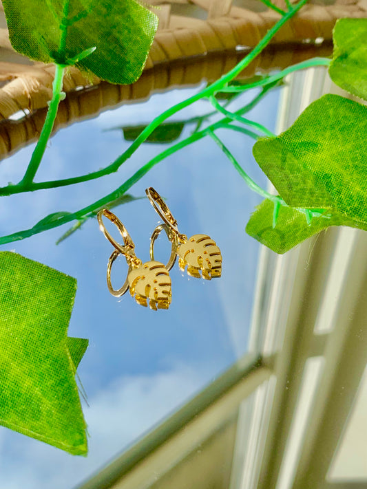 Handmade Gold Monstera Leaf Hoop Earrings