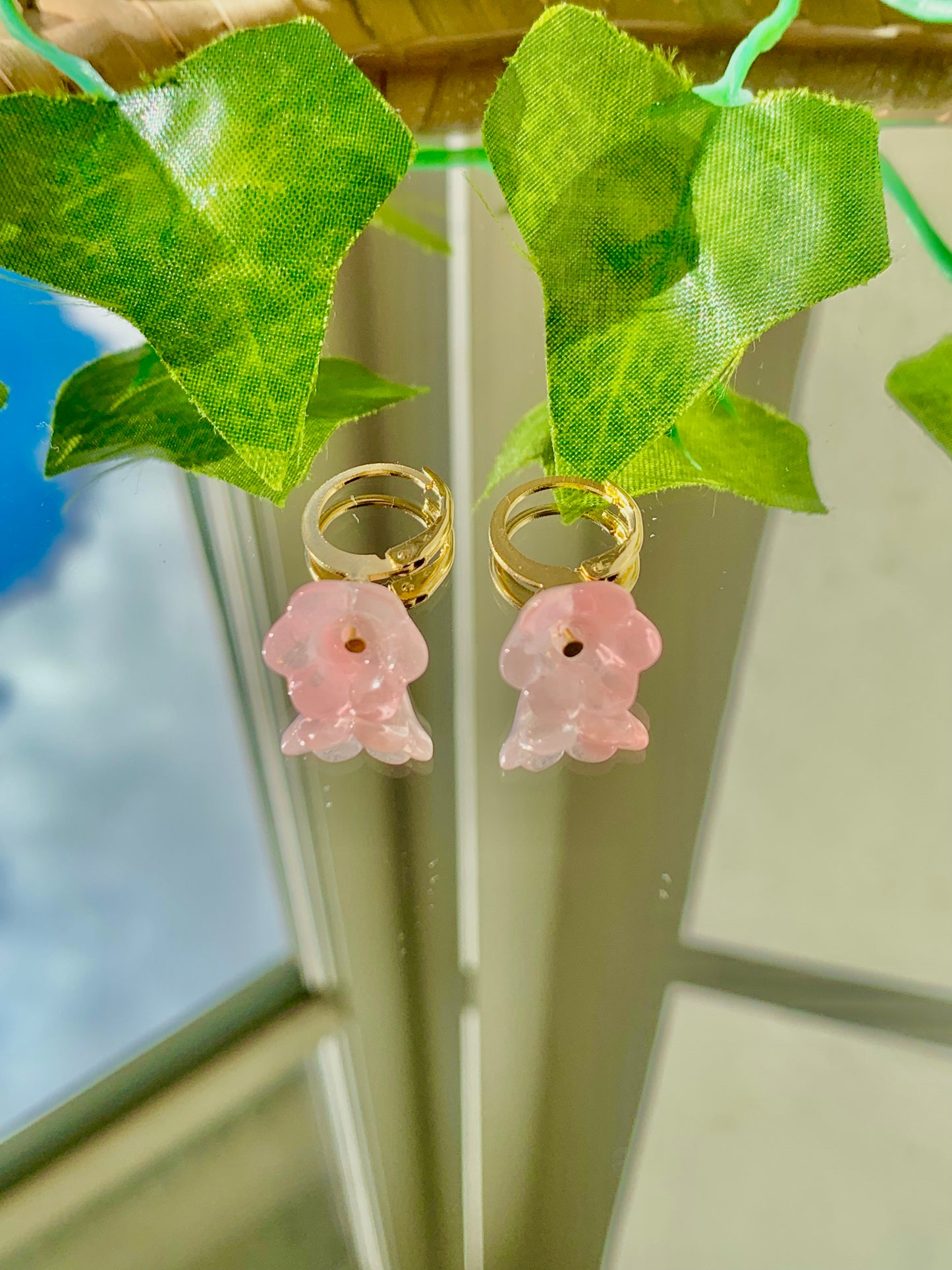 Handmade Pink Glass Flower Hoop Earrings