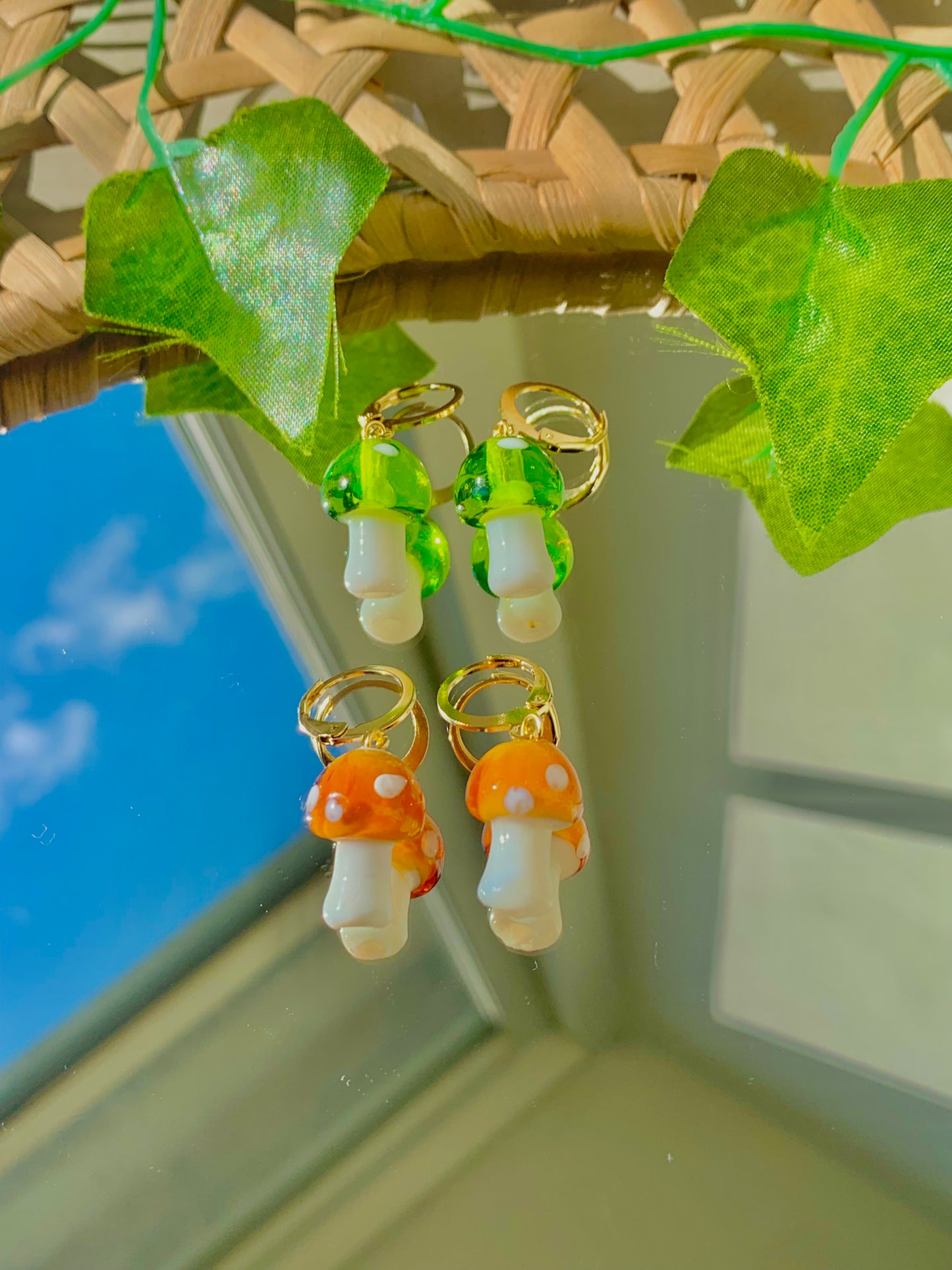 Handmade Glass Mushroom Hoop Earrings