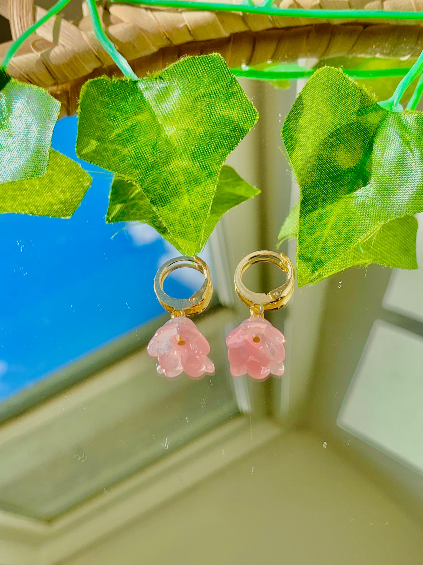 Handmade Pink Glass Flower Hoop Earrings