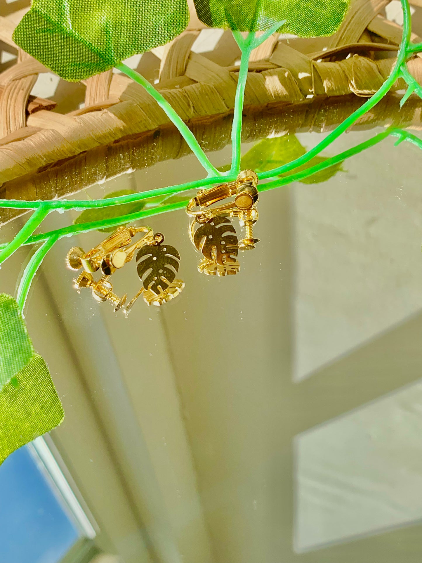 Handmade Gold Monstera Leaf Adjustable Clip On Earrings